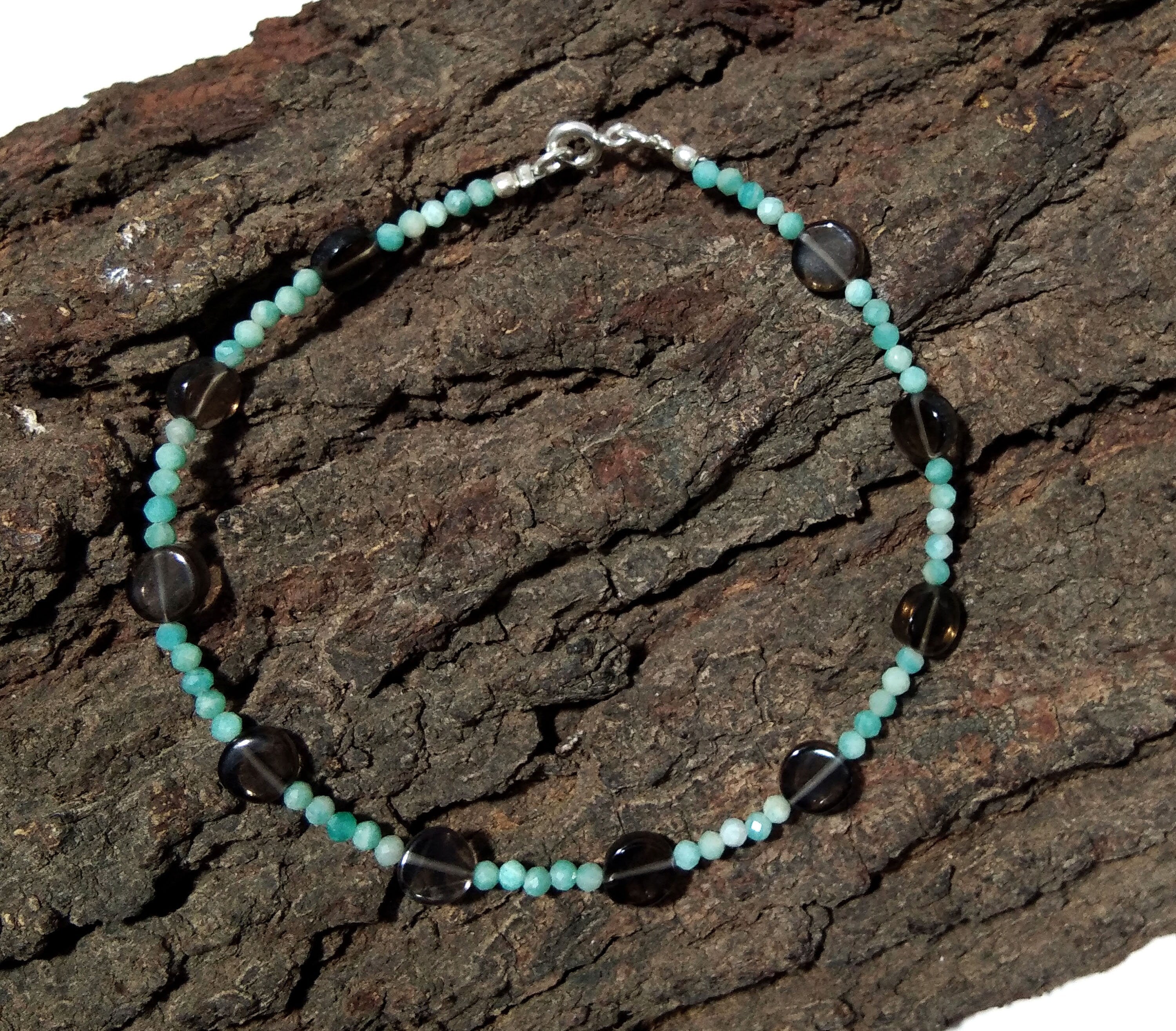 925 Silver Bracelet, With Natural Amazonite & Smoky Quartz Bracelet, Gifts For Her, Boho Dainty Minimalist, Women Bracelet, Tiny Bracelet